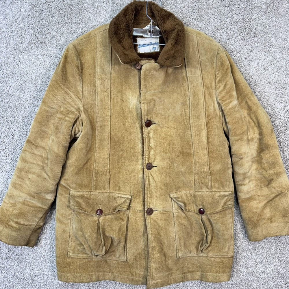 William Barry Corduroy Jacket Mens 42 Tan Vintage Faux Fur Lined Barn Coat 70s